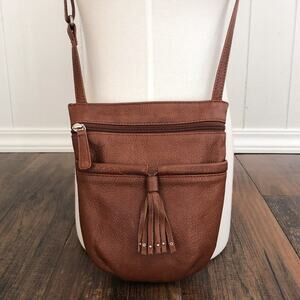 Osgoode Marley Crossbody Bag Leather Fringe Detail Exterior Zipper Pockets Brown